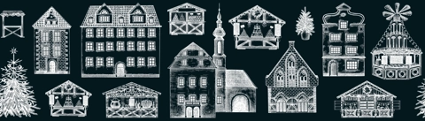 Vintage Christmas banner. Old houses seamless pattern. Christmas fair border. City architecture sketch, hand-drawn vector illustration. NOT AI generated
